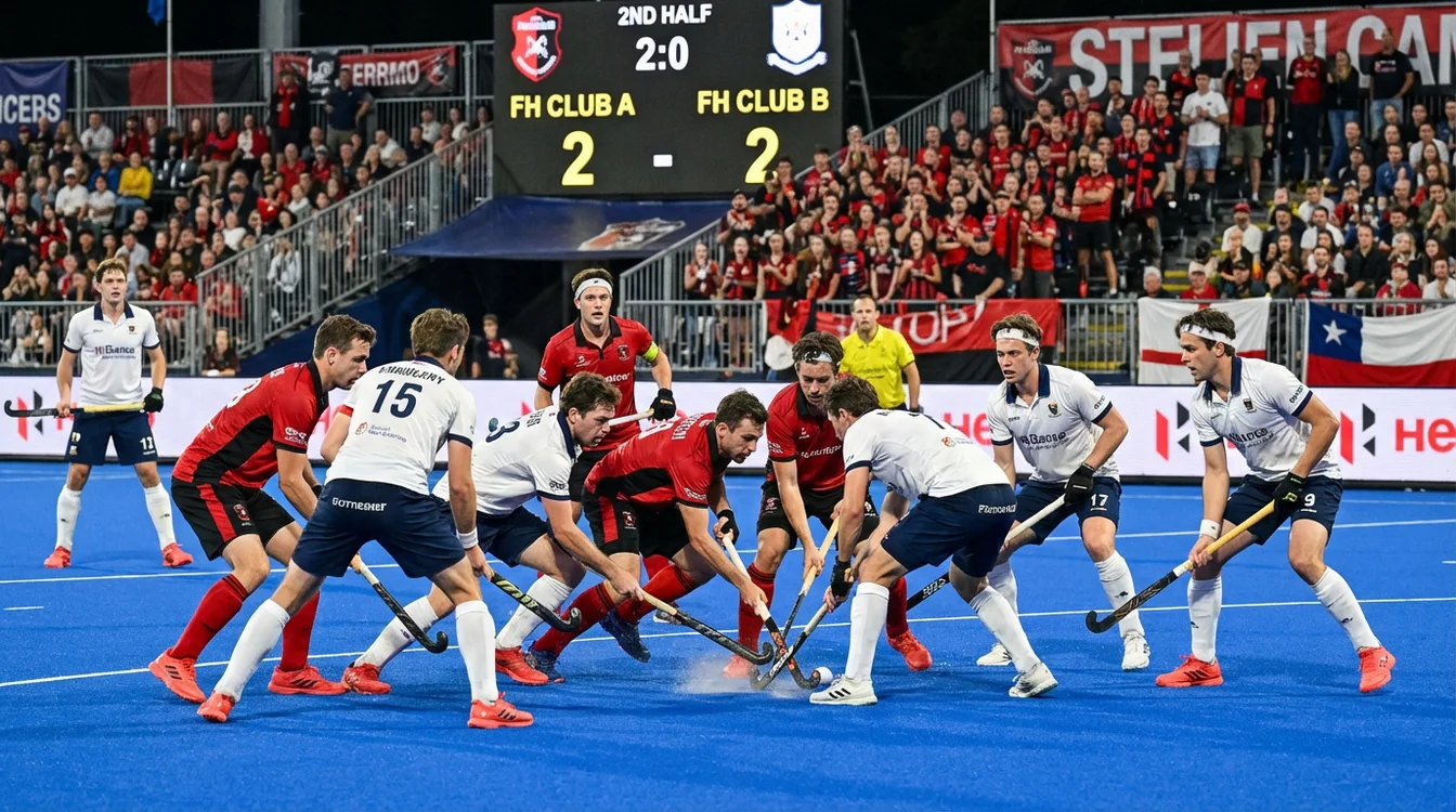 Twee hockeyteams in evenwichtige strijd op het veld