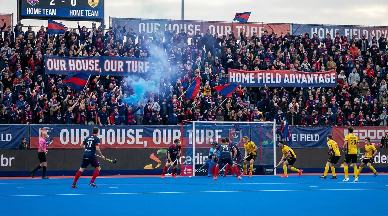 Hockeywedstrijd met enthousiast thuispubliek op de tribune