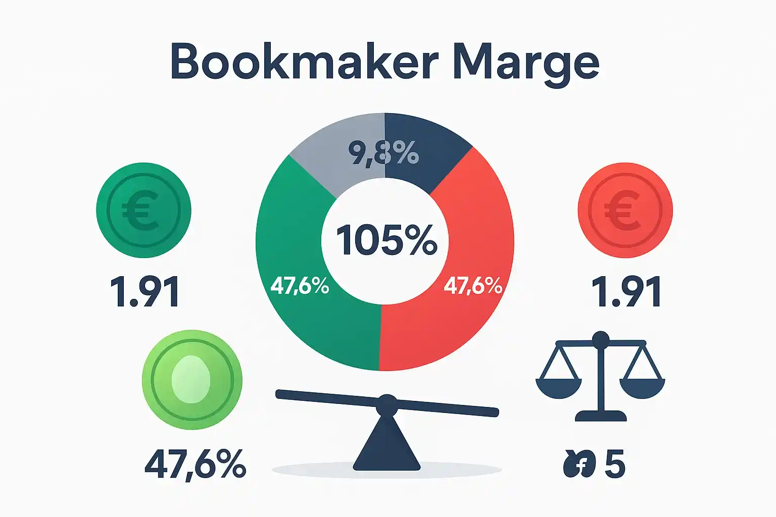 Conceptuele illustratie van bookmaker marge met taartdiagram dat 105% toont en balans die naar bookmaker helt