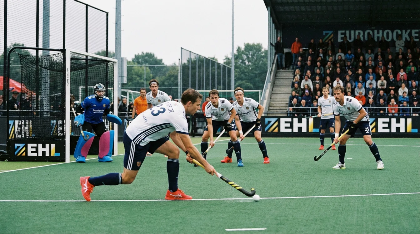 Clubteam neemt strafcorner tijdens Euro Hockey League wedstrijd