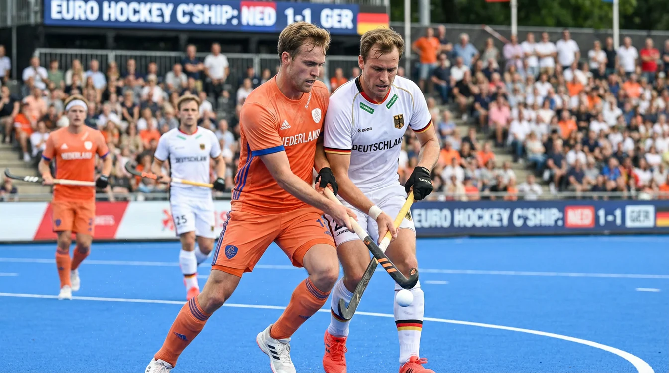Nederlandse en Duitse hockeyspelers in duel tijdens EK-wedstrijd