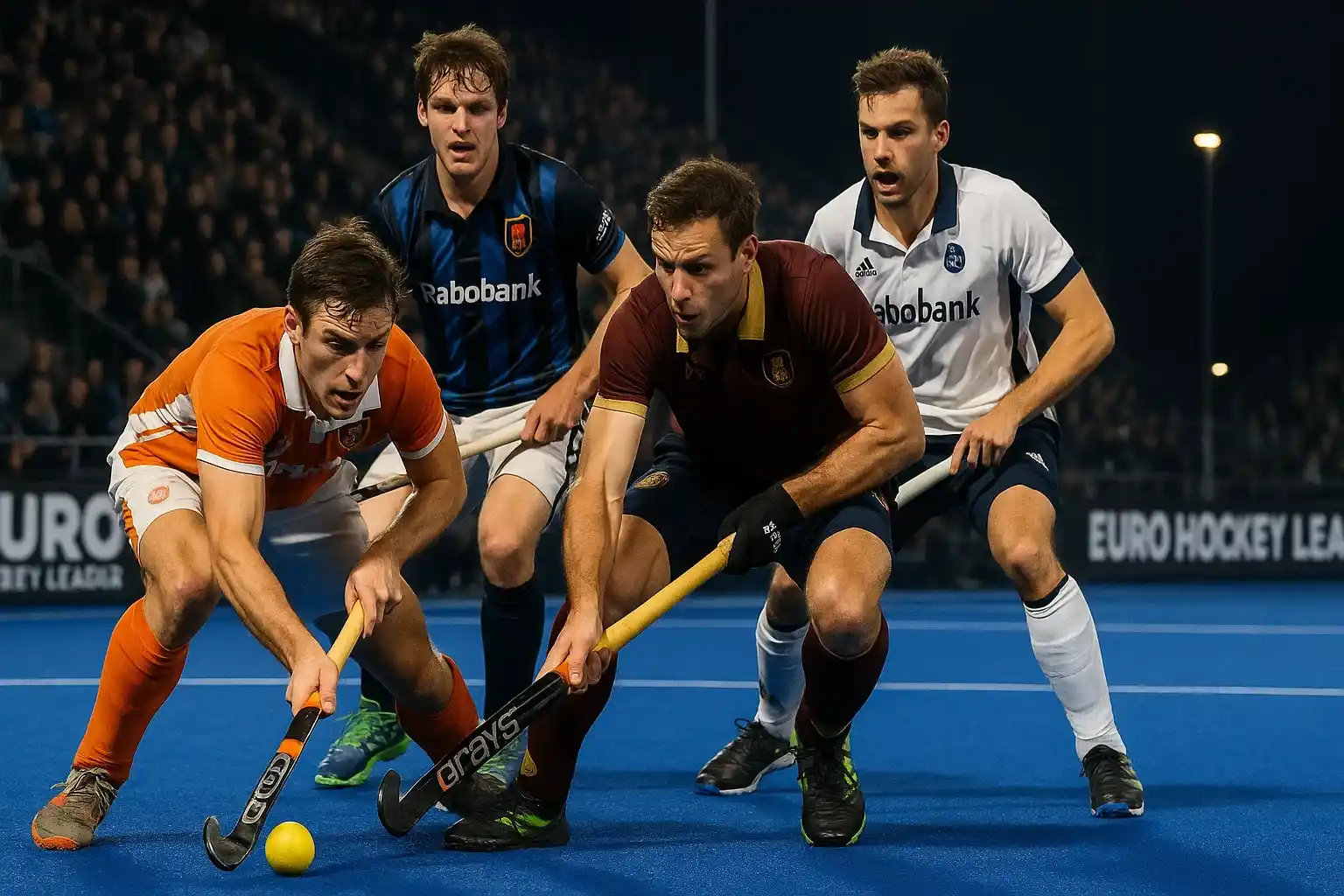 Actiebeeld van een Euro Hockey League wedstrijd met clubspelers in strijd om de bal op professioneel blauw kunstgrasveld