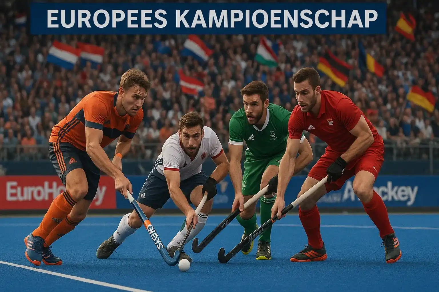 Actiebeeld van een EK hockey wedstrijd met spelers uit verschillende Europese landen die strijden om de bal