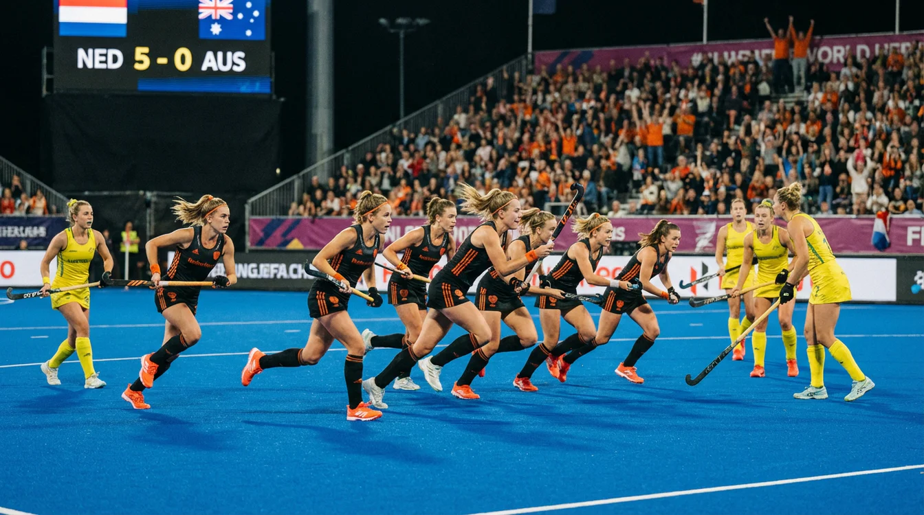 Hockeyteam in dominante aanvallende actie op het veld