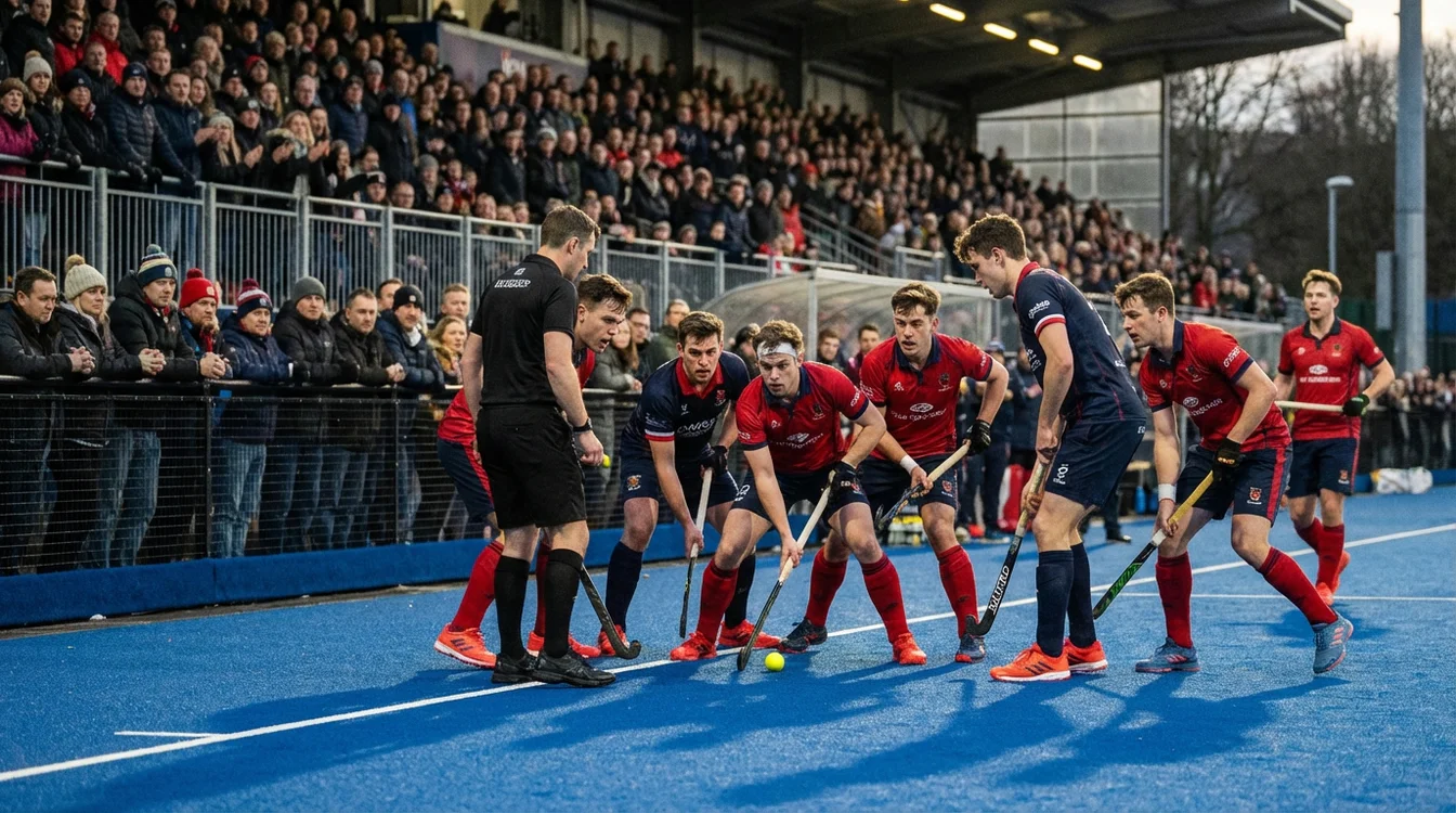 Gespannen moment tijdens hockeyfinale met gefocuste spelers