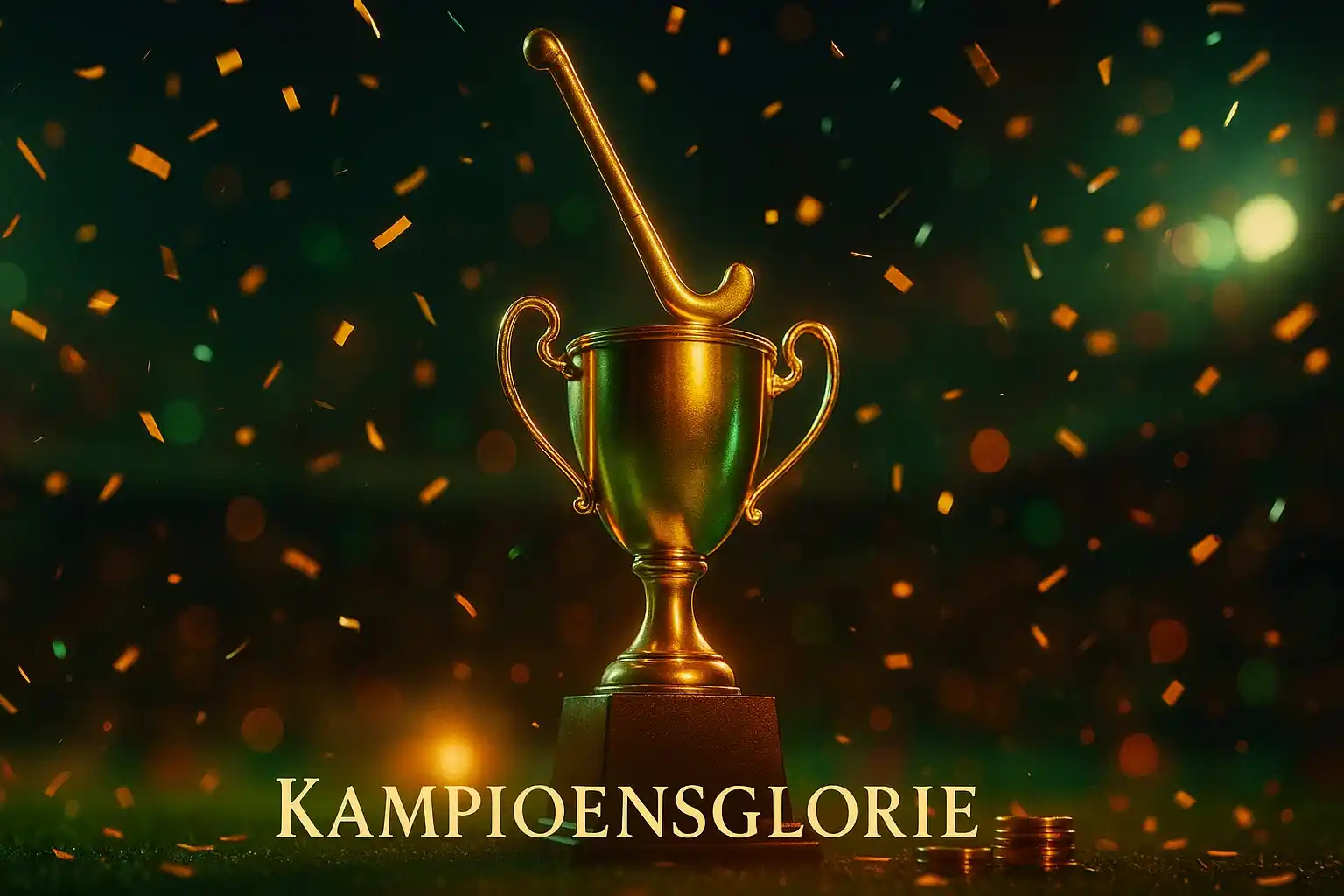 Gouden hockey kampioenschap trofee met dramatische stadionverlichting - overwinningsmoment finale