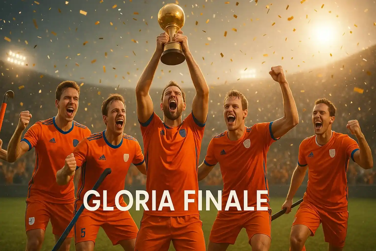 Nederlandse hockeyspelers vieren overwinning met trofee tijdens een grote hockey finale