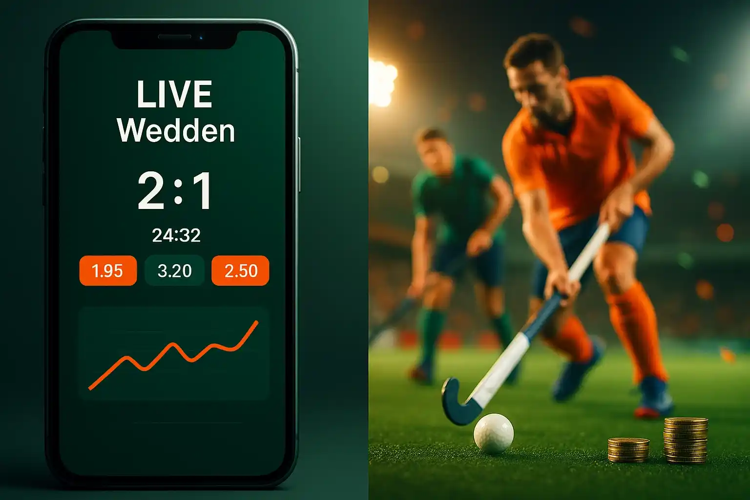 Live sportwedden concept - smartphone met real-time wedstatistieken en odds tijdens hockey finale