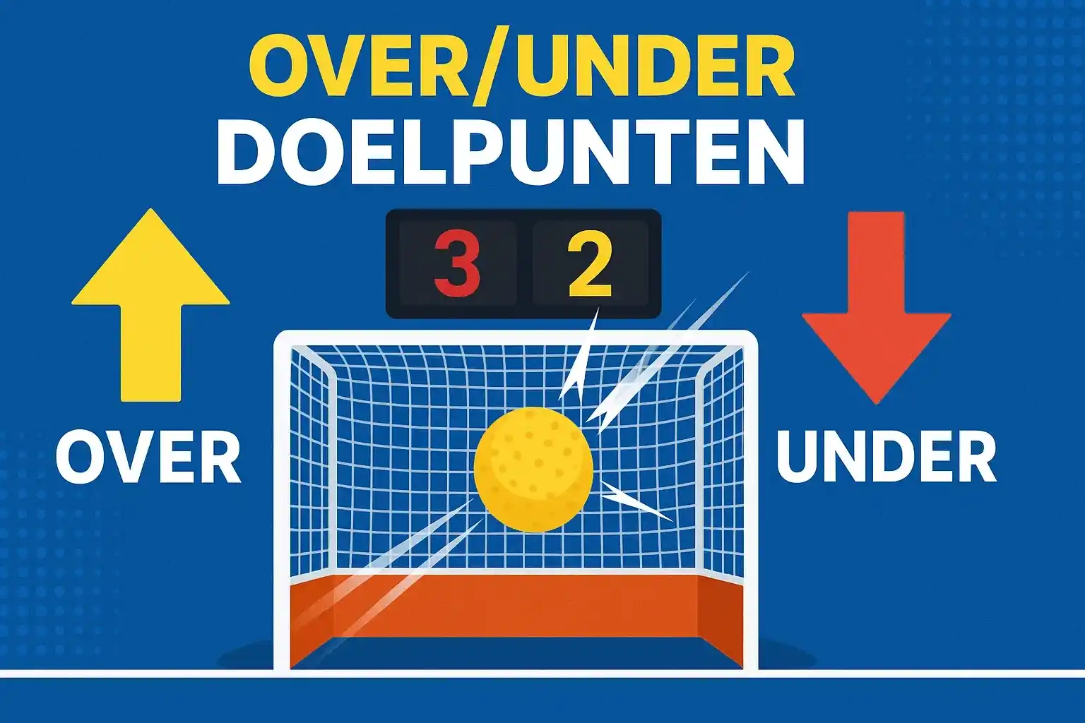 Visualisatie van over/under weddenschap met hockeydoel en scorebord met pijlen omhoog en omlaag