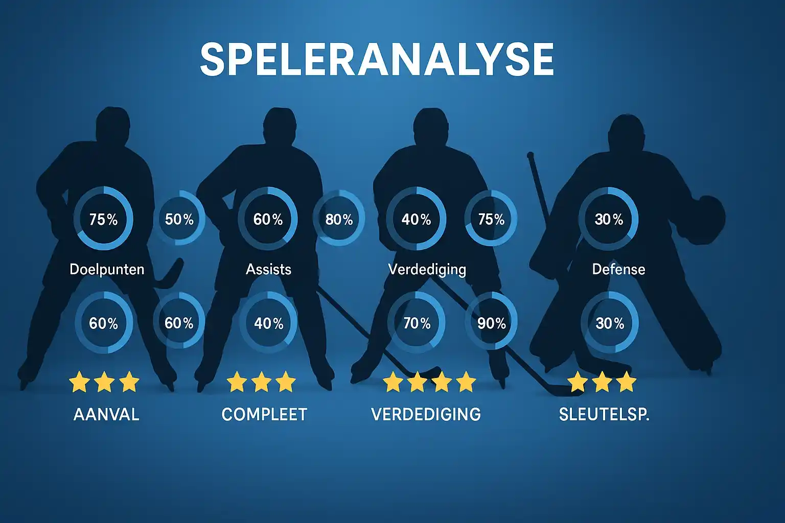 Sleutelspeler analyse concept met statistieken rondom spelersilhouetten en keeper als cruciale positie uitgelicht