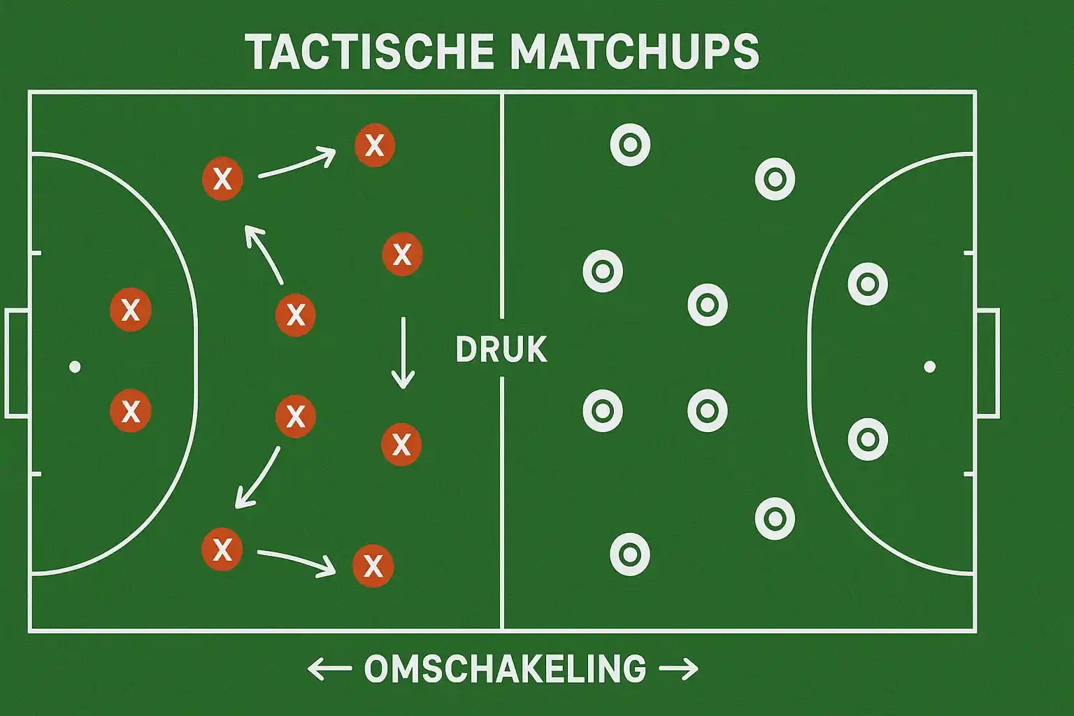 Tactisch hockey formatie diagram met twee opstellingen, pressing patronen en counter-aanval routes