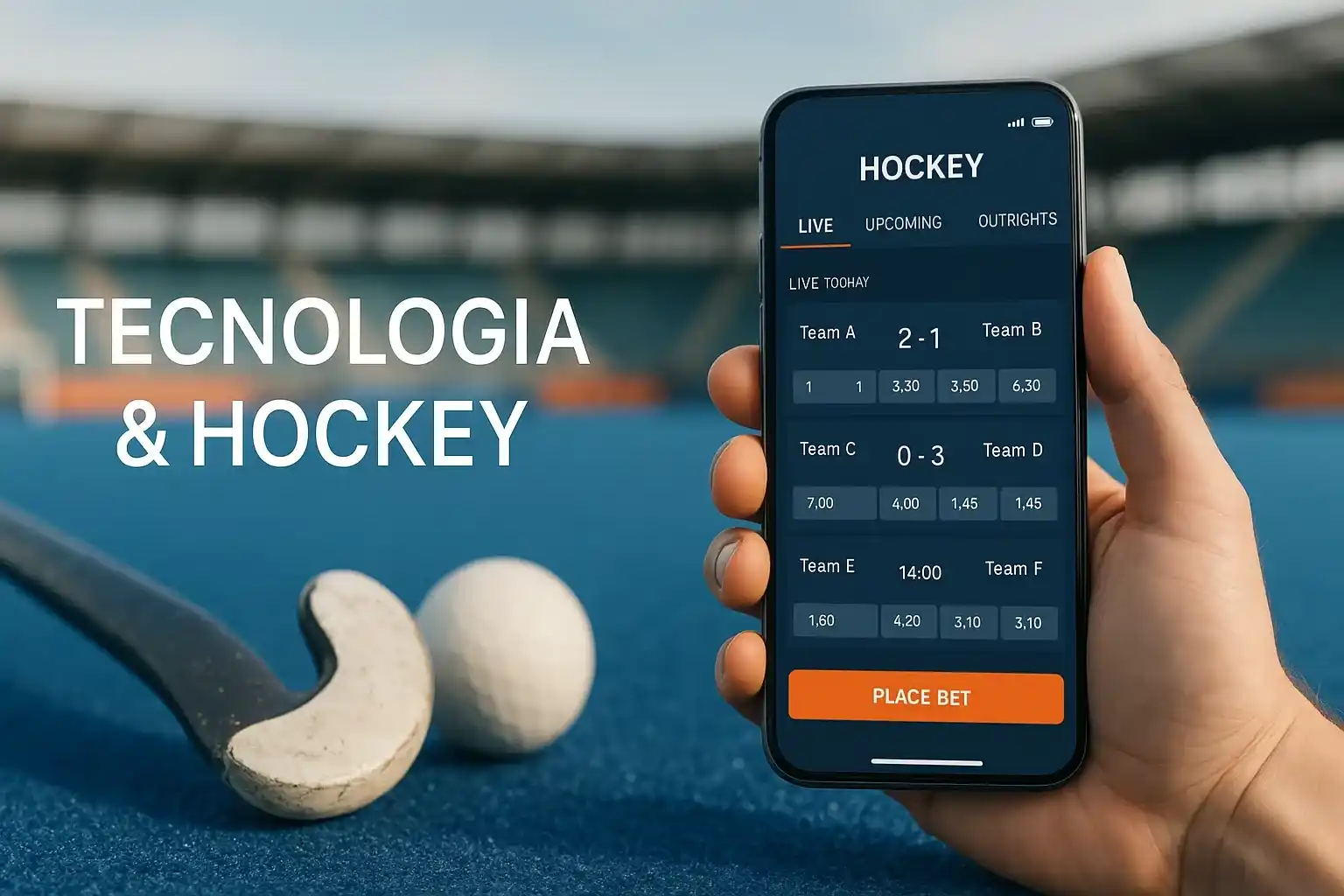Overzicht van hockey weddenschappen op een mobiele betting app met hockeystick en bal