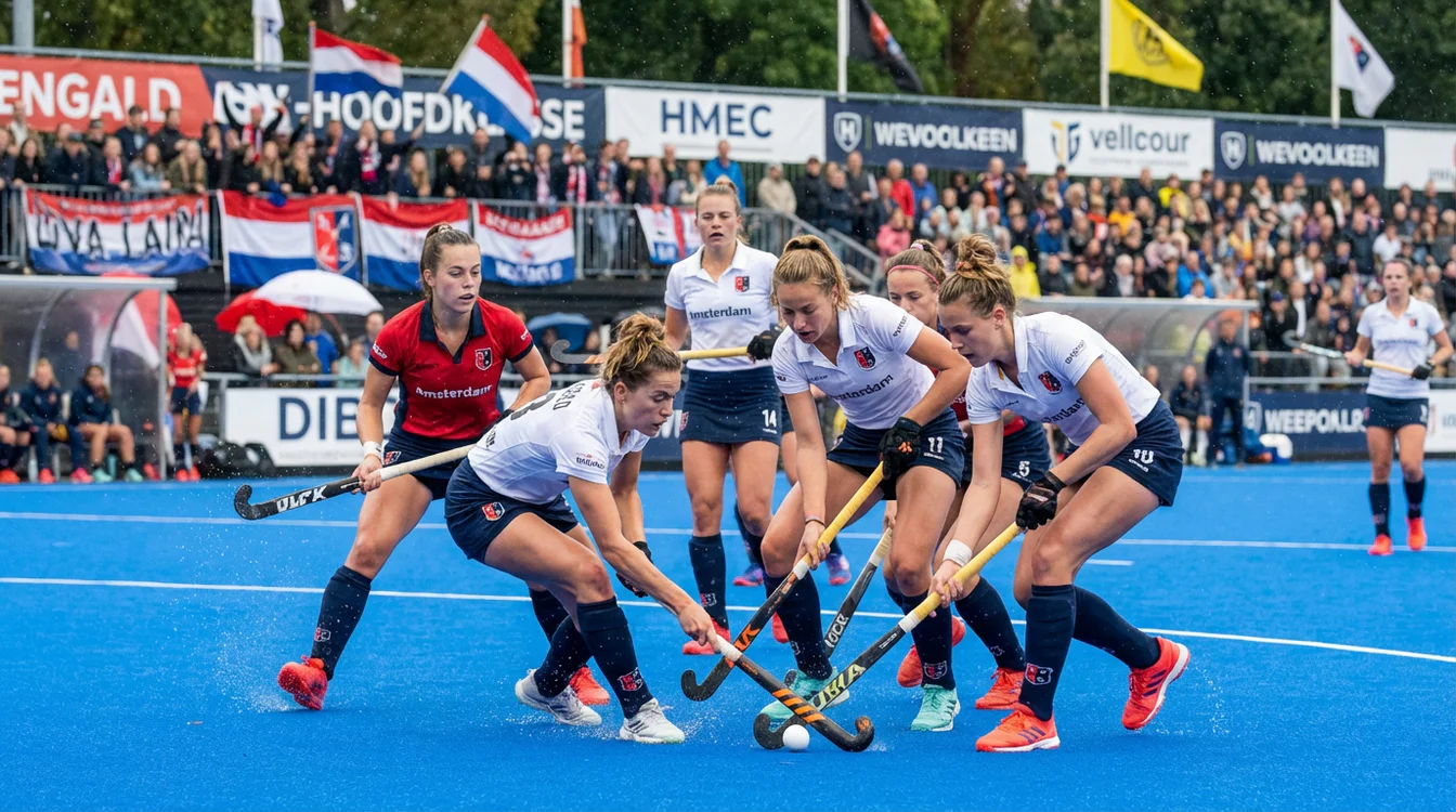Spelers in actie tijdens Hoofdklasse hockeywedstrijd met bal en sticks