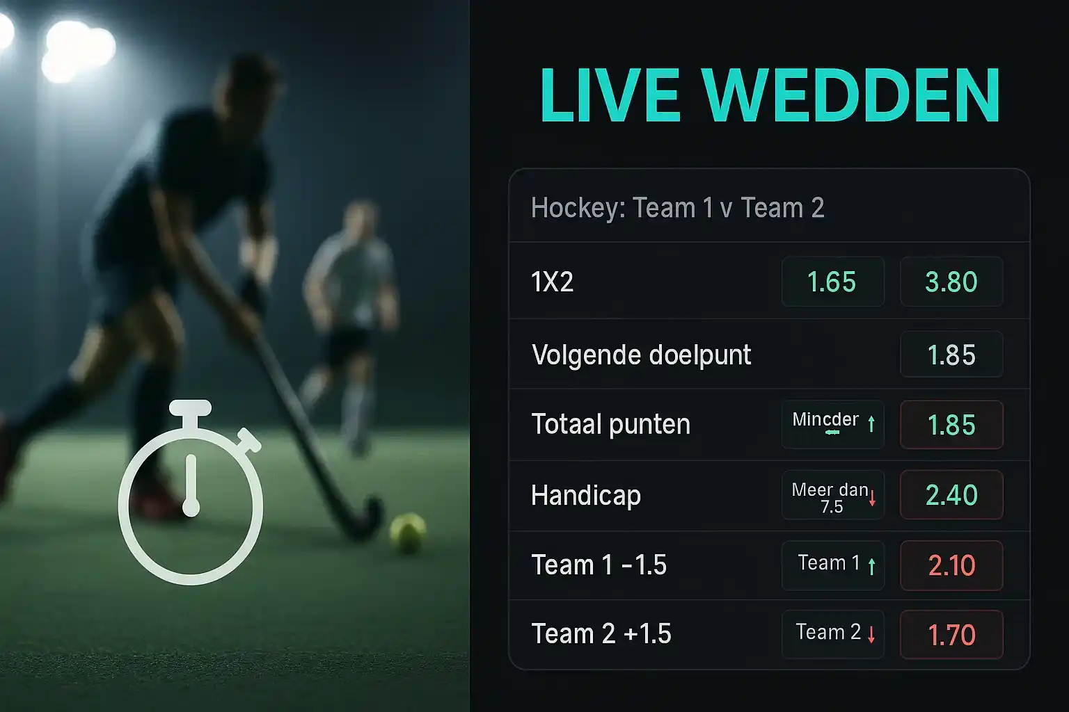 Live betting concept met gesplitst scherm van hockey wedstrijd en snel veranderende odds met real-time data