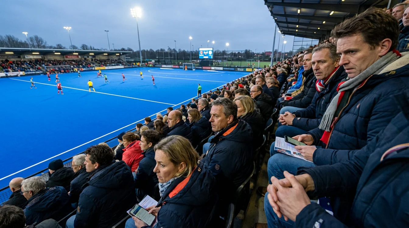 Hockeytoeschouwers volgen wedstrijd aandachtig