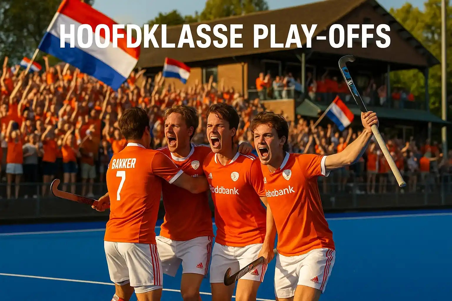 Nederlandse Hoofdklasse hockey playoff wedstrijd met oranjegeklede fans op de tribune en spelers op het blauwe kunstgrasveld