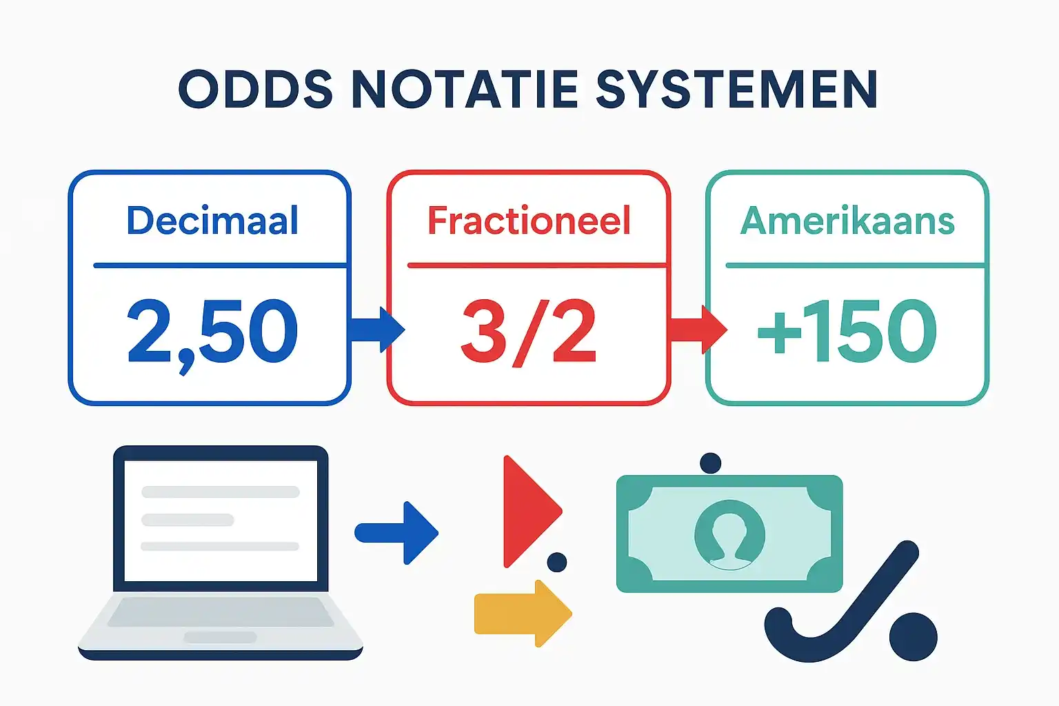 Infographic met drie odds notatie systemen: decimaal, fractioneel en Amerikaans met conversie voorbeelden