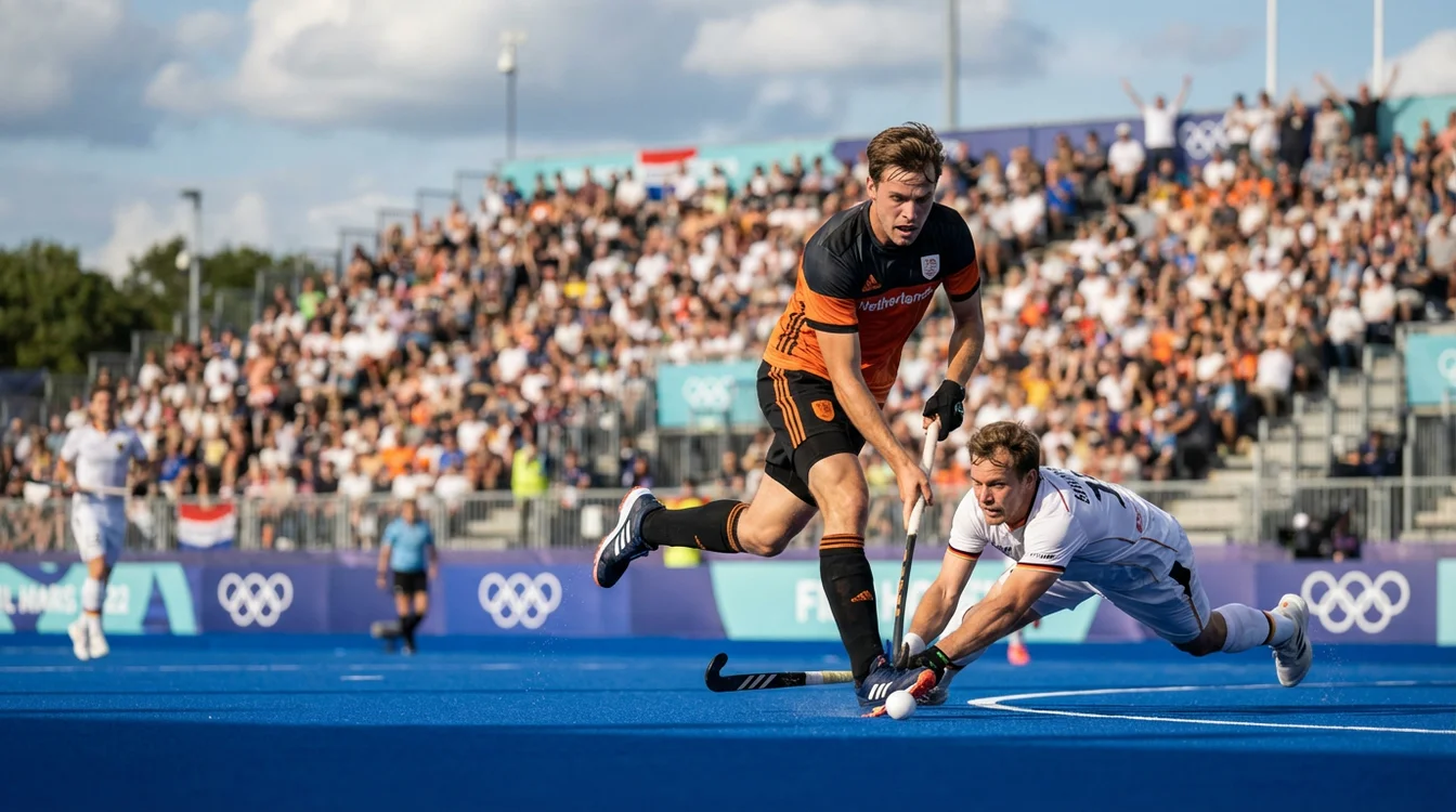Dynamische actie tijdens olympische hockeywedstrijd met aanvallende speler
