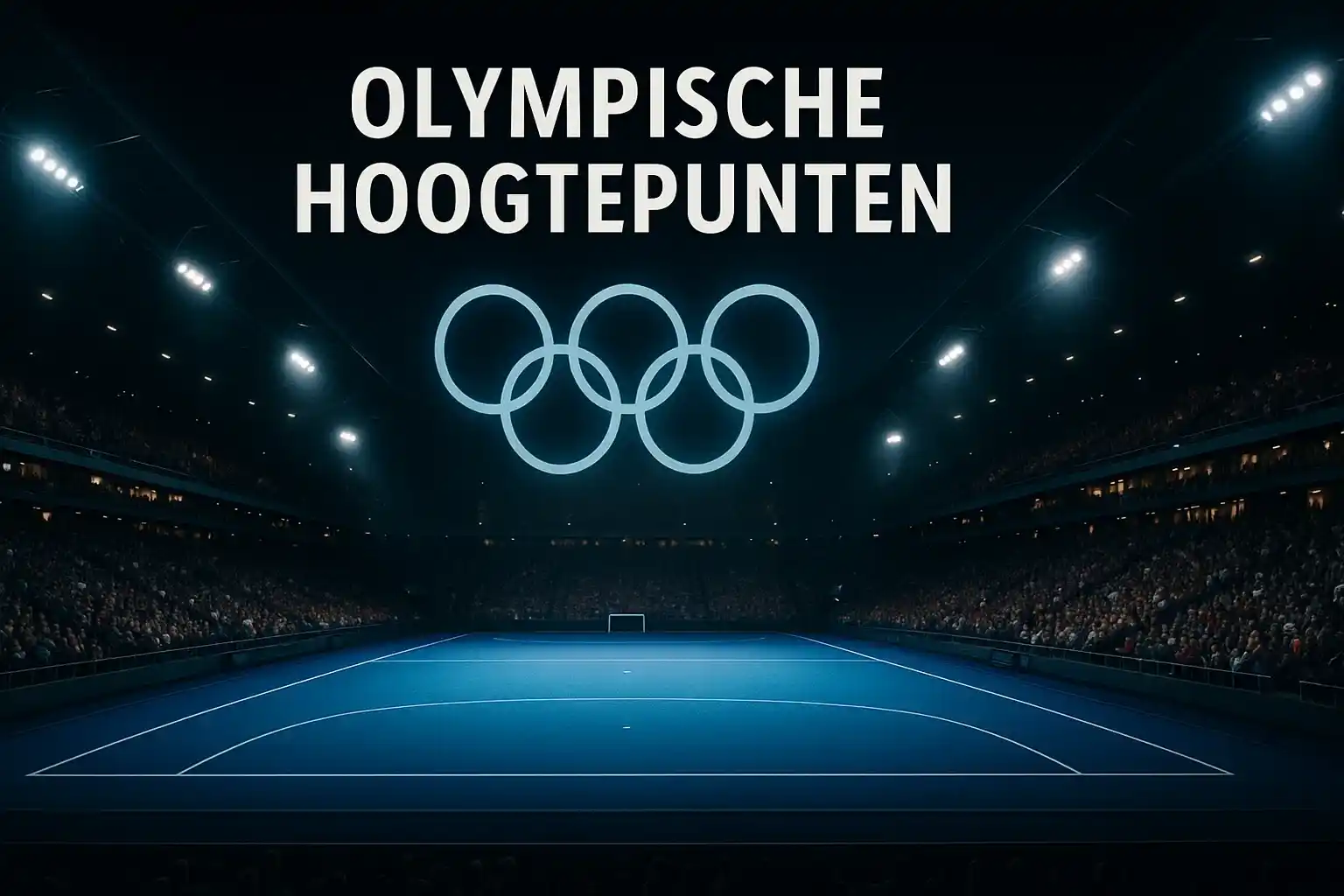 Olympisch hockey stadion 's nachts verlicht met Olympische ringen op de achtergrond en volle tribunes