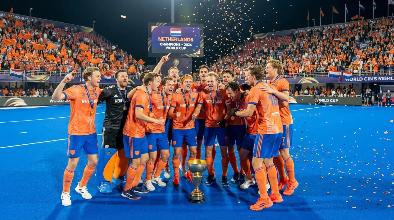 Nederlands hockeyteam viert overwinning op internationaal toernooi