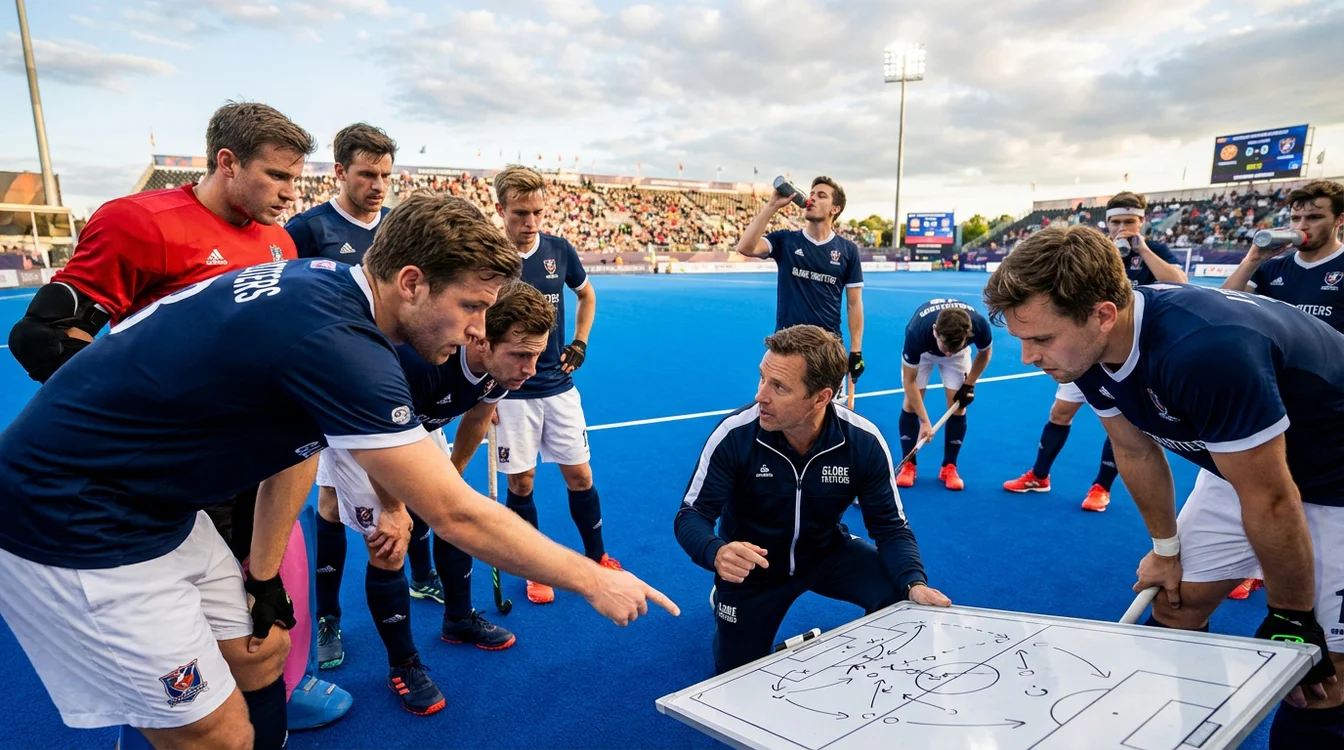 Hockeyteam in bespreking met coach over toernooi strategie