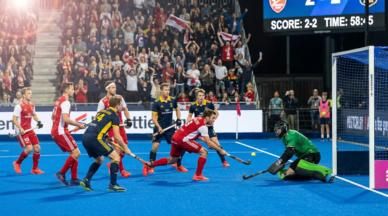 Hockeywedstrijd in actie met doelpuntenkansen