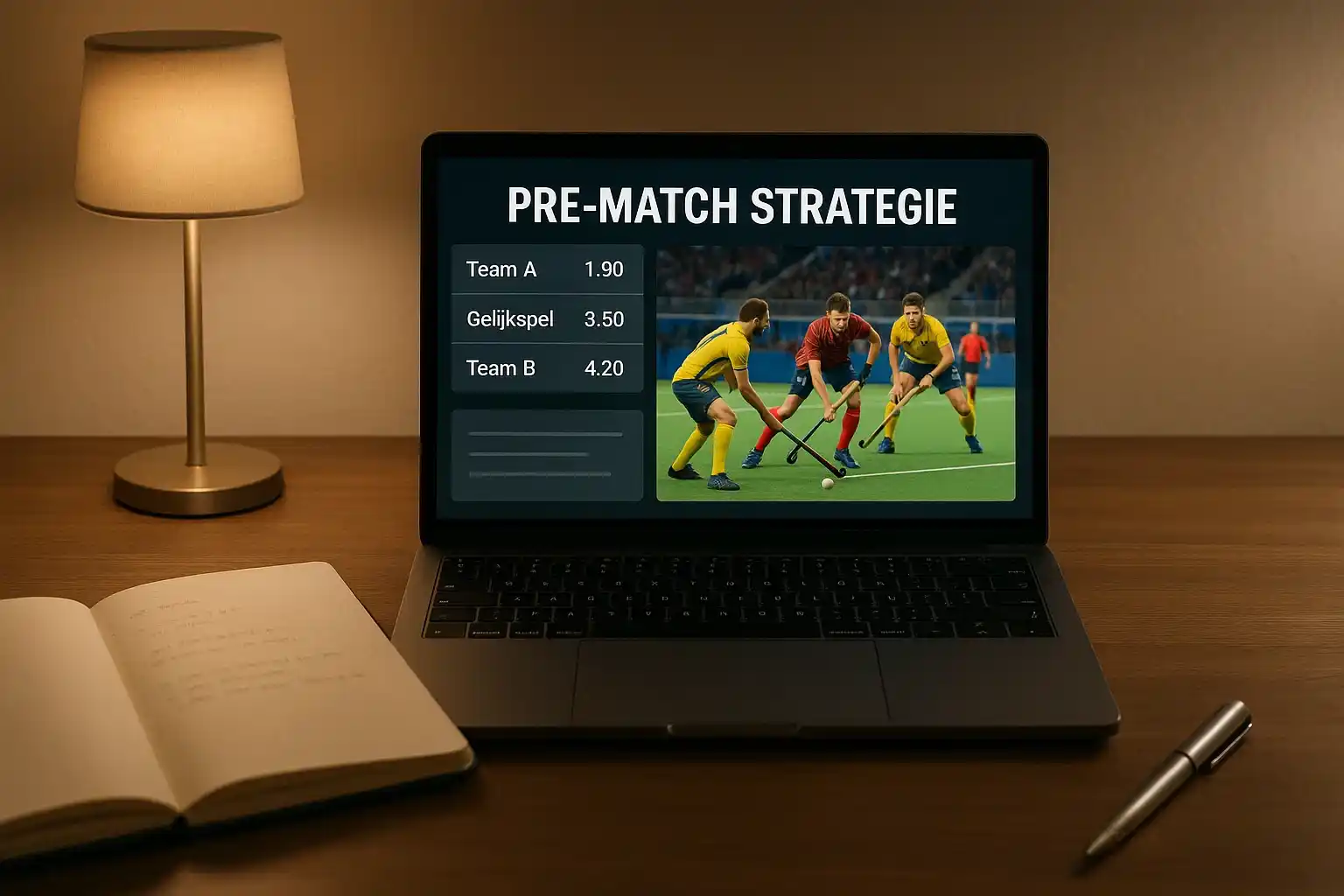 Pre-match analyse werkplek met laptop die odds vergelijking toont, notitieblok met analyse en klok voor timing