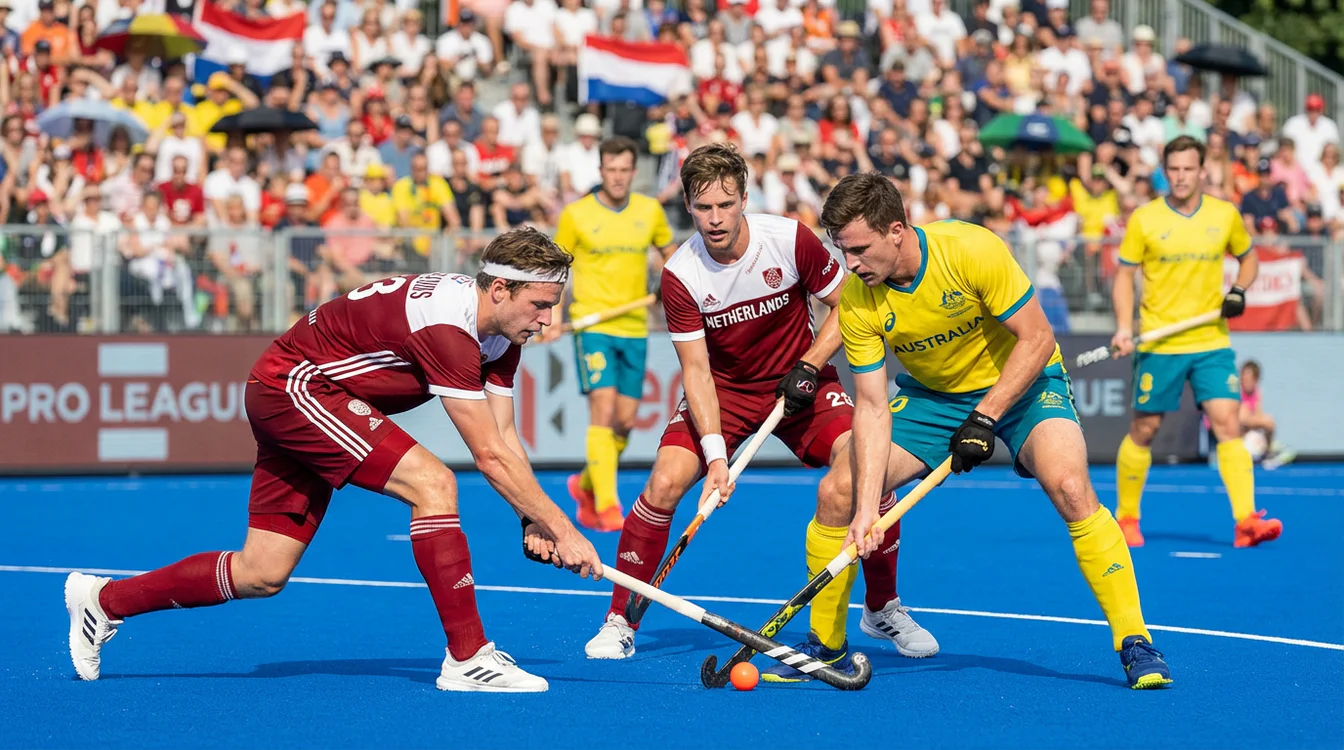 Hockeyspelers in duel tijdens internationale Pro League wedstrijd