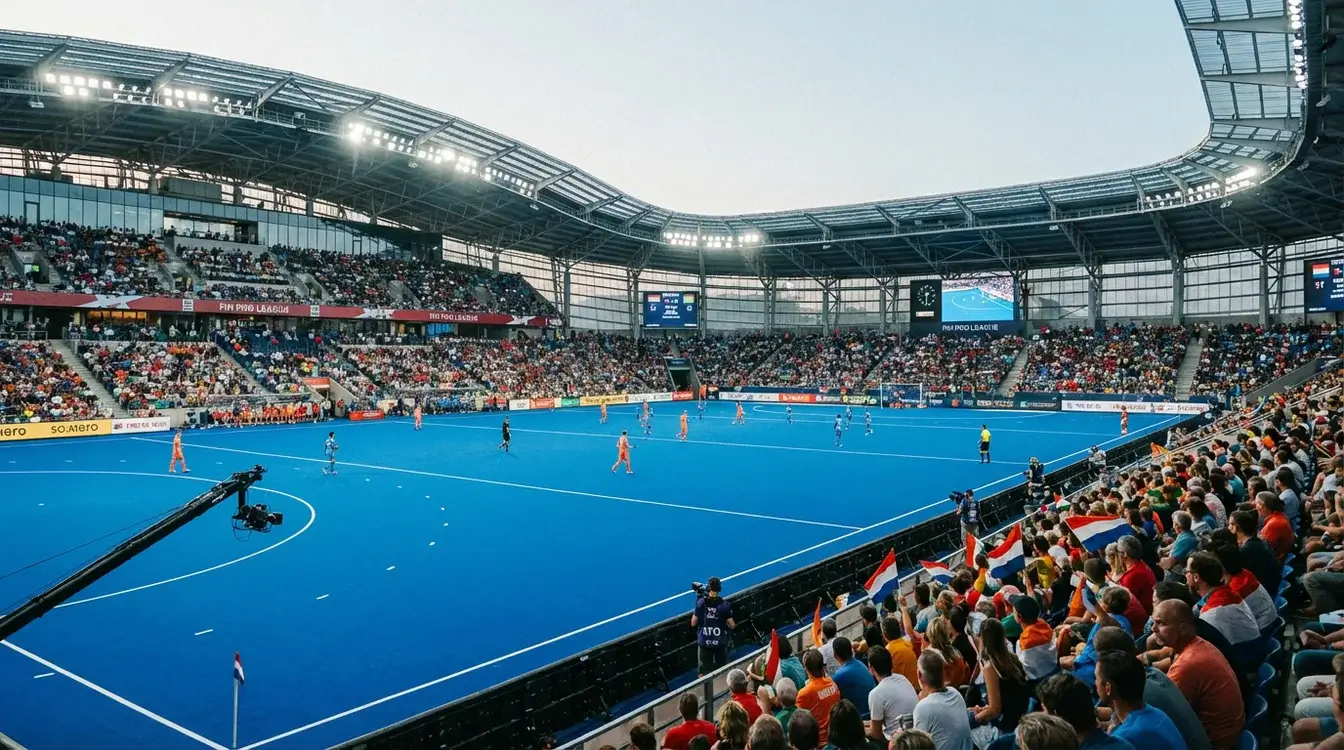 Internationaal hockeystadion met toeschouwers tijdens Pro League wedstrijd