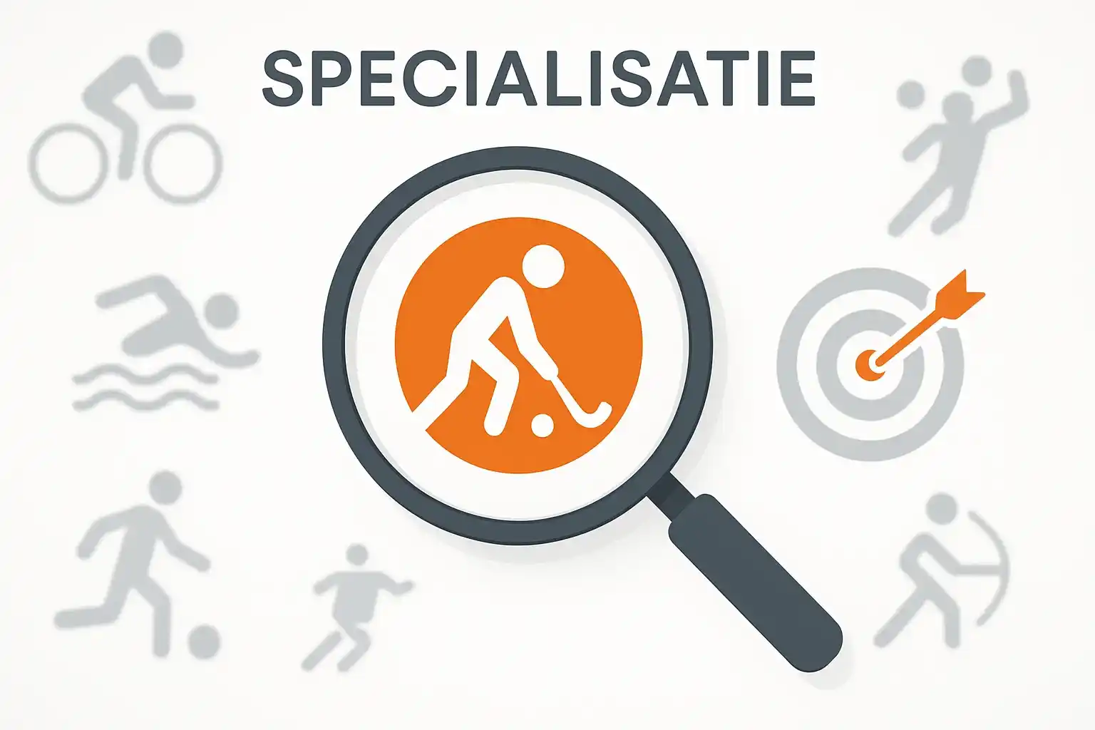 Specialisatie concept met vergrootglas gericht op Nederlands hockey tussen andere vervaagde sportpictogrammen