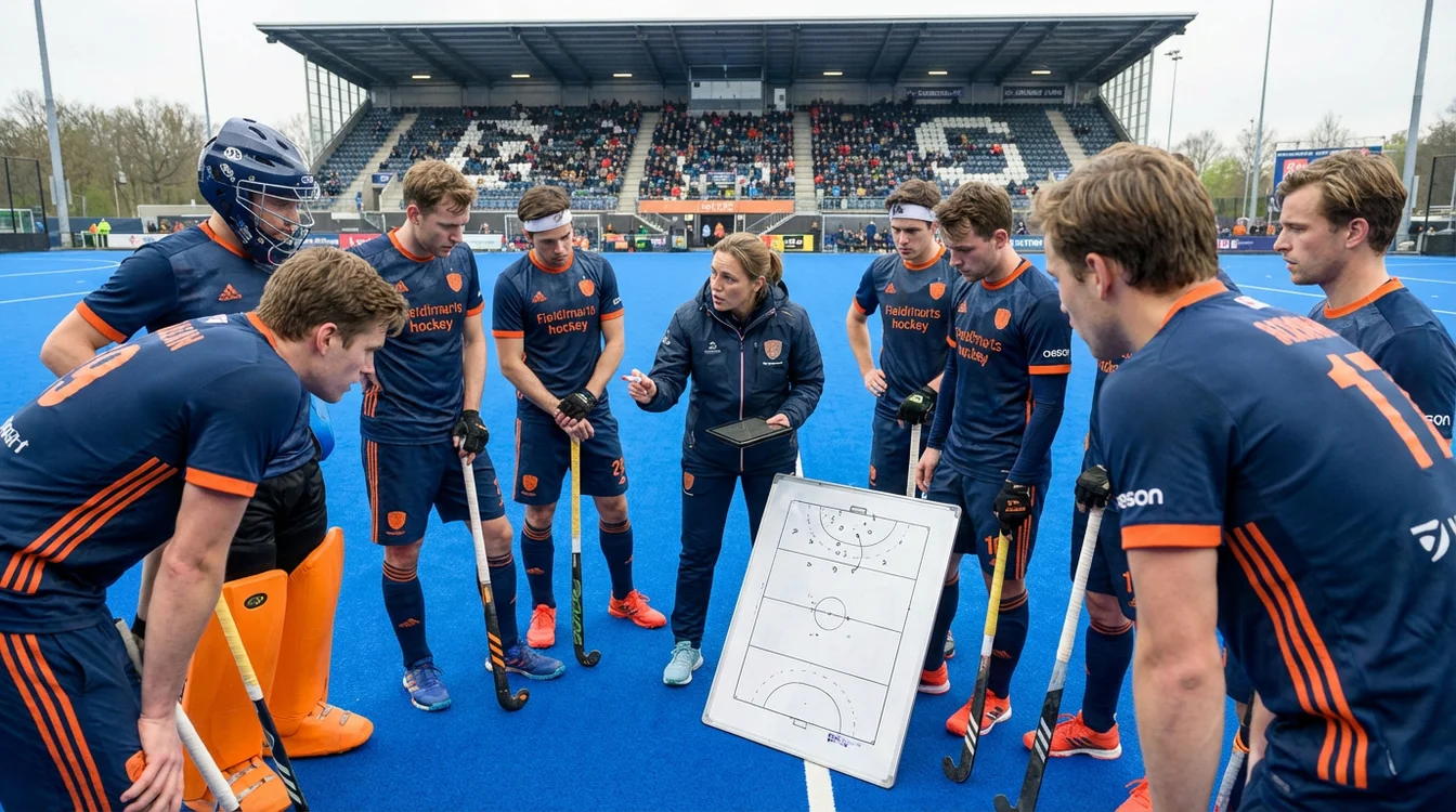 Hockeyteam in tactische bespreking met coach