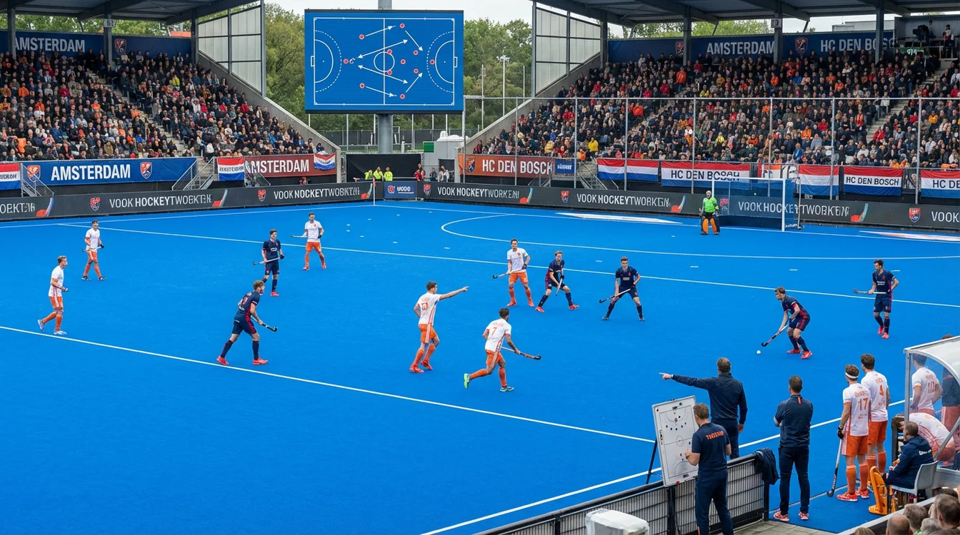 Tactische hockeyactie met teamformatie zichtbaar