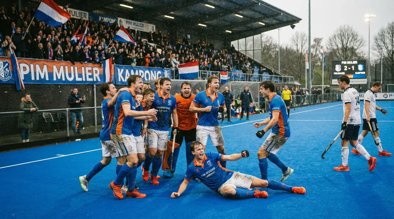 Hockeyteam viert doelpunt tijdens competitiewedstrijd