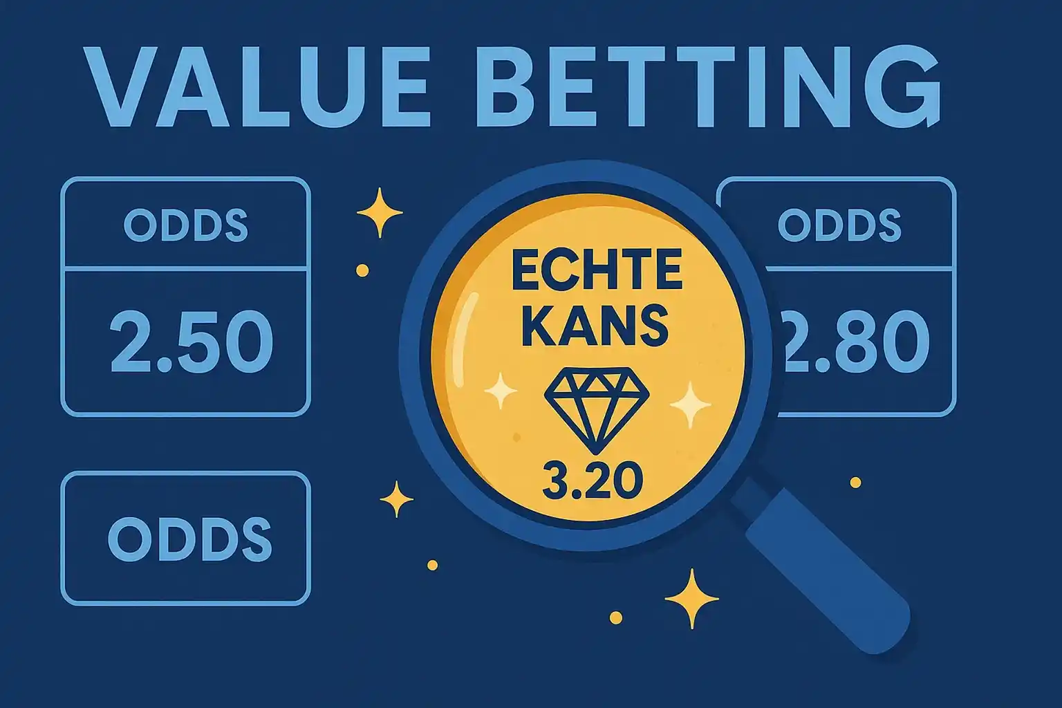 Value betting concept met vergrootglas dat verborgen waarde in odds onthult en vergelijking tussen marktodds en werkelijke kans