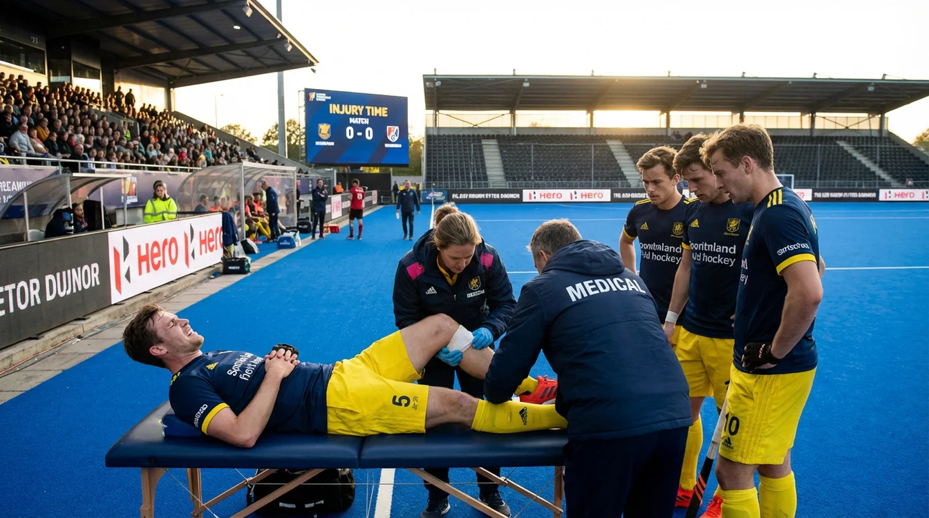 Hockeyspeler ontvangt medische behandeling aan de zijlijn