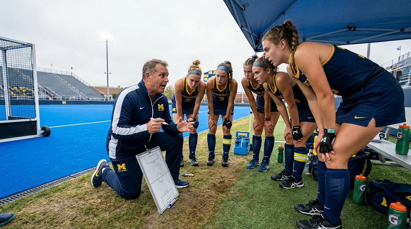 Hockeycoach geeft tactische instructies aan team