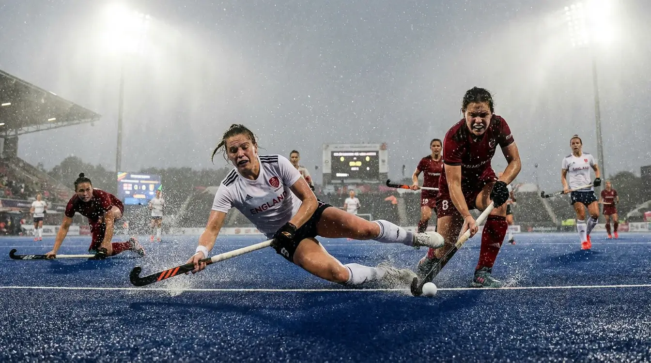 Hockeyspelers spelen onder uitdagende weersomstandigheden