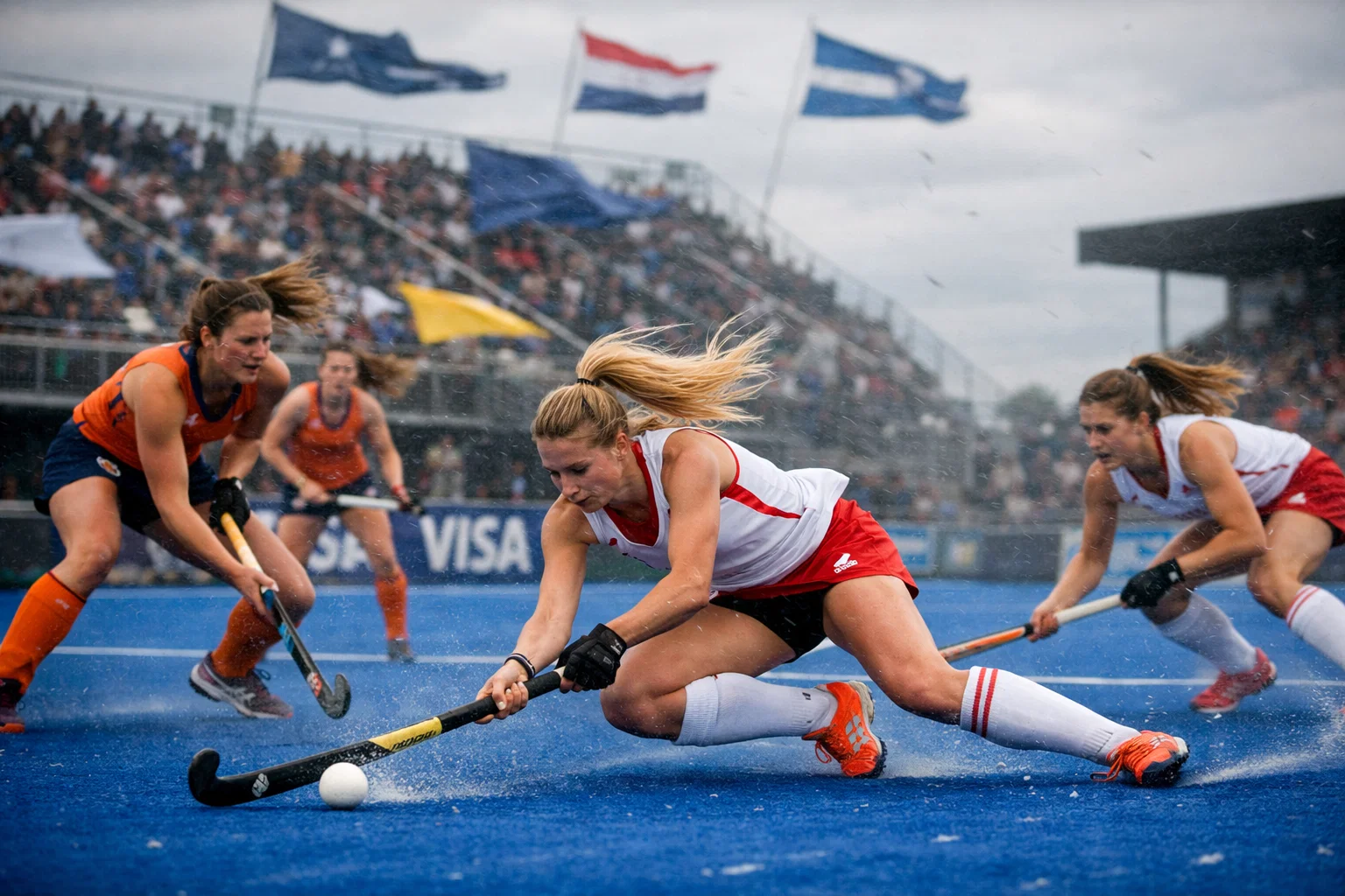 Hockeywedstrijd met zichtbare windinvloed op het spel