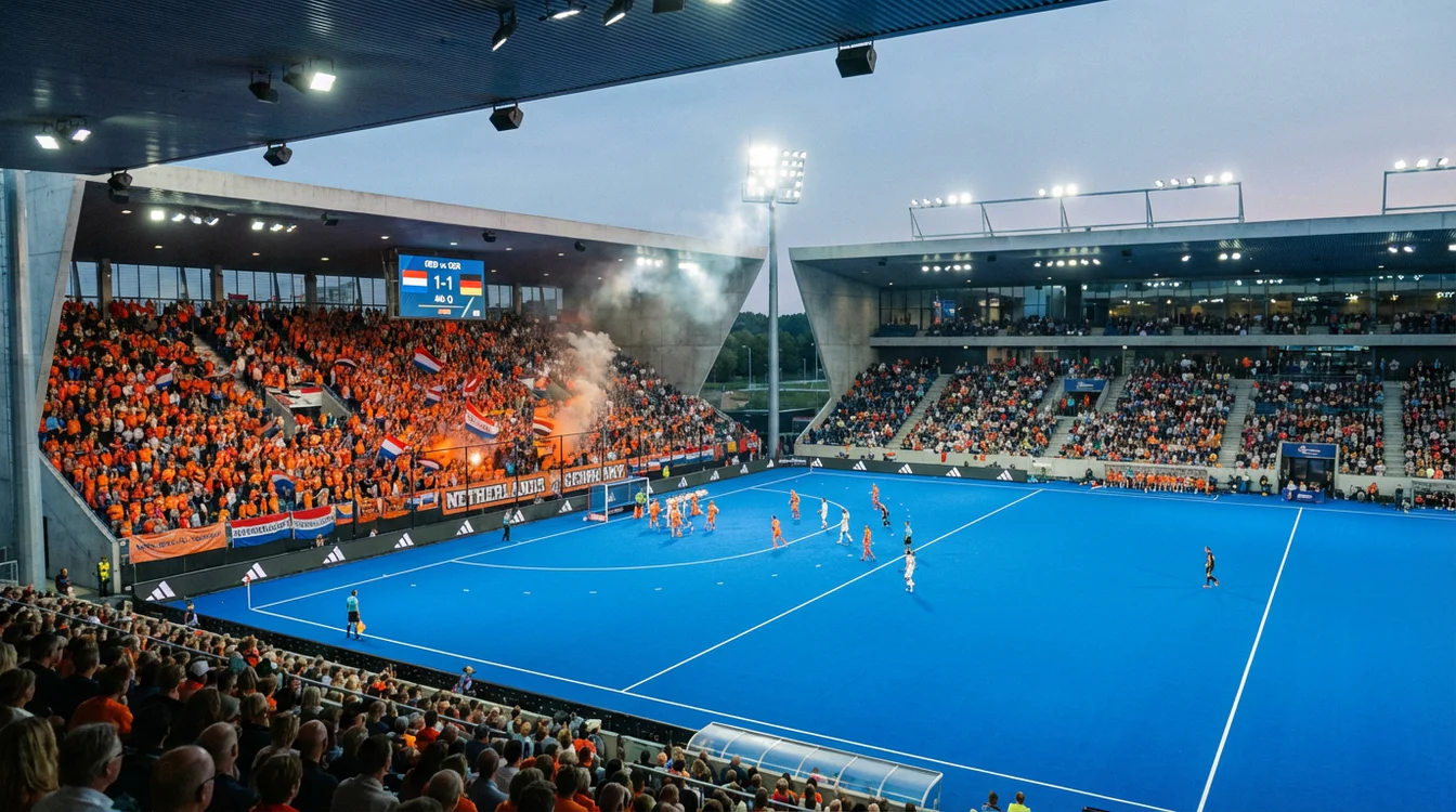 Hockeystadion vol met toeschouwers tijdens een internationale wedstrijd