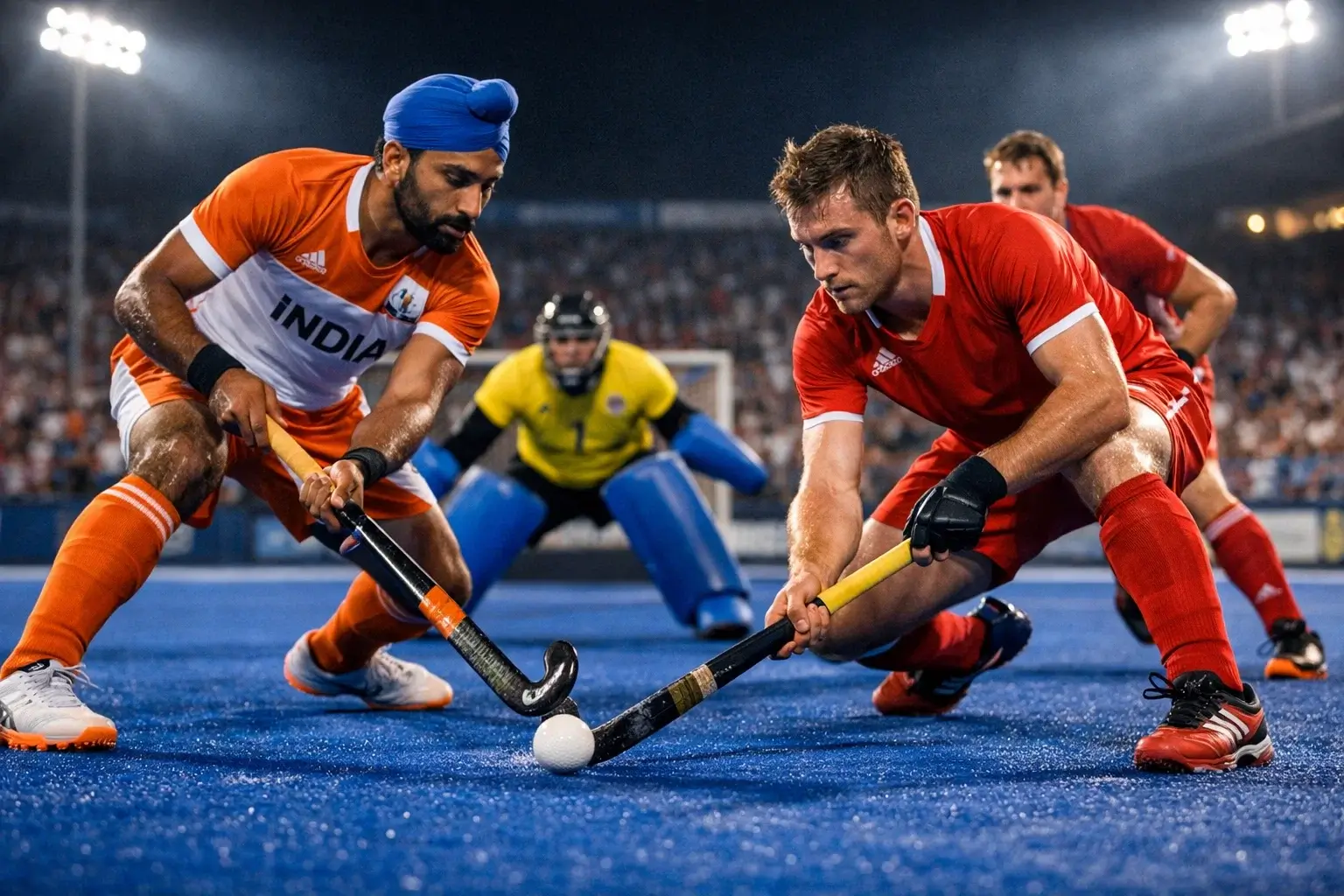 Hockeyspelers opgesteld voor een strafcorner tijdens een internationale wedstrijd